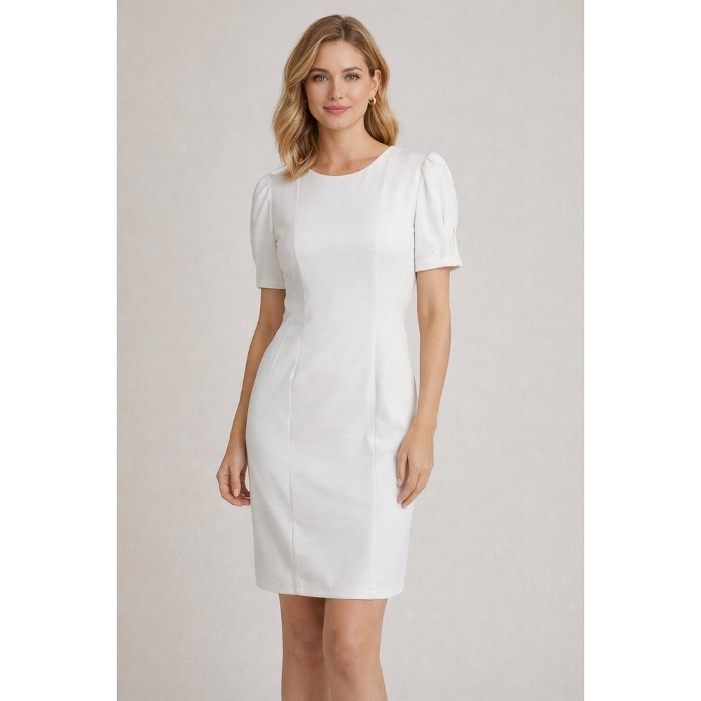 NWT-DKNY White Sheath Dress | Puff Sleeve‎ Sizes 14